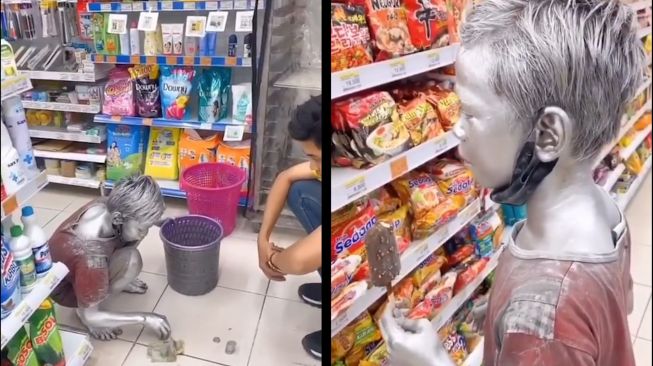 Aksi Bocah Manusia Silver, Kumpulin Duit Beli Mie Instan untuk Ibunya