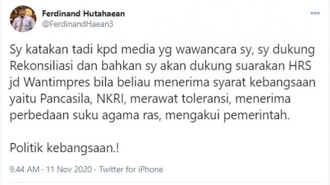 Cuitan Feridinan Hutahaean soal HRS. - (Twitter/@FerdinandHaean3)