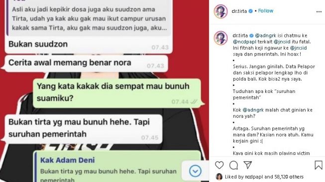 dr Tirta bongkar chat Adam Deni dengan Nora. (Instagram/@drtirta)