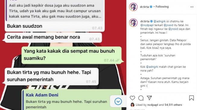Tangakapan layar percakapan Nora dan Adam yang diunggah dr Tirta. - (Instagram/@dr.tirta)