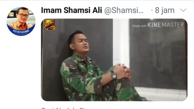 Imam Besar Masjid New York Shamsi Ali mengunggah video Serka BDS sedang melantunkan ayat suci Alquran. Suara Serka BDS terdengar sangat merdu. / [Foto : Twitter Imam Shamsi Ali]