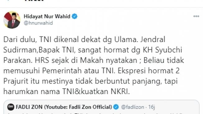 Tangkap layar cuitan Hidayat Nur Wahid (HNW) menanggapi penahanan anggota TNI yang bernyanyi sambut kepulangan Habib Rizieq Shihab. (Twitter @hnurwahid)