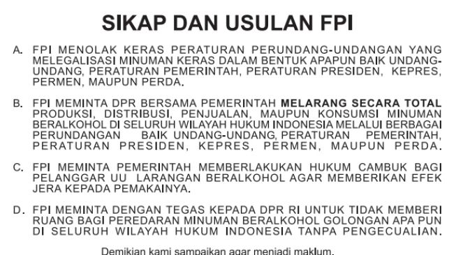 Tangkap layar sikap dan usulan FPI soal RUU larangan minuman beralkohol (minol). (FPI)