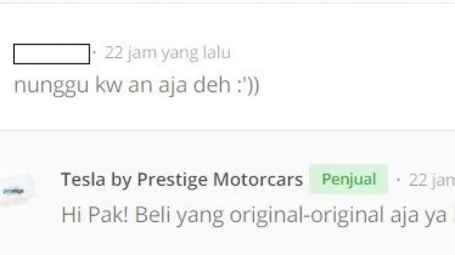 Komentar kocak warganet di situs jual beli online tentang Tesla Model 3 (Tokopedia)