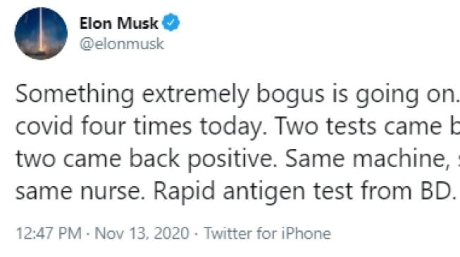 Elon Musk 4 Kali Tes Covid-19, Hasilnya Beda-Beda. (Twitter/elonmusk)