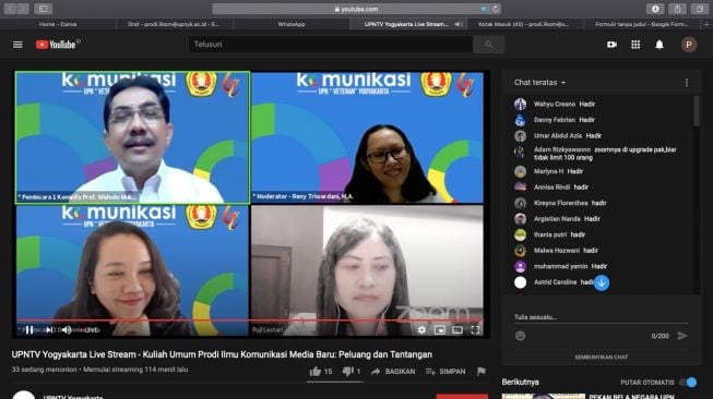 Kuliah umum Prodi Ilmu Komunikasi UPN Veteran Yogyakarta bertema Media Baru: Peluang dan Tantangan, menghadirkan dua narasumber Dirjen Komunikasi dan Informasi Publik dan Dosen University of Melbourne, Sabtu (14/11/2020).