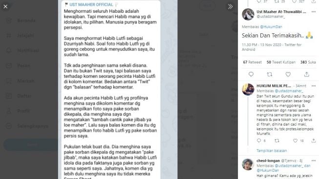 Klarifikasi Maaher soal tudingan menghina Habib Luthfi (Twitter/ustadzmaaher_)