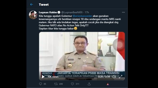 Cuitan politisi PKB Luqman Hakim menagih janji Anies soal pelanggar PSBB transisi. (Twitter/@LuqmanBeeNKRI)