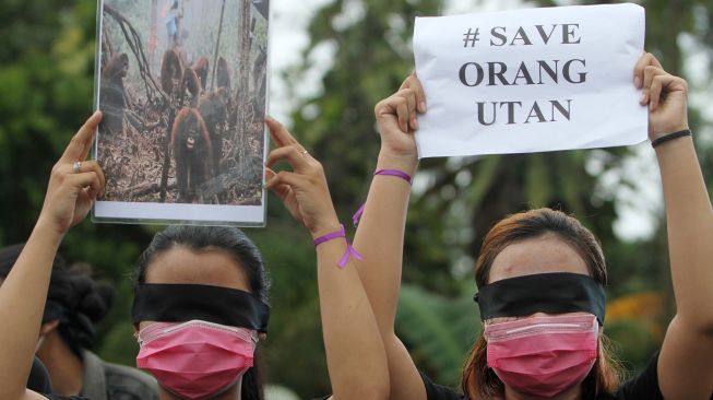 Dua mahasiswa Badan Eksekutif Mahasiswa (BEM) Sylva Fakultas Kehutanan Universitas Tanjungpura menggelar aksi selamatkan hutan Indonesia di Bundaran Digulis, Pontianak, Kalimantan Barat, Sabtu (14/11/2020). [ANTARA FOTO/Jessica Helena Wuysang]