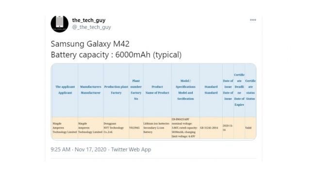 Bocoran Samsung Galaxy M42. [Twitter]