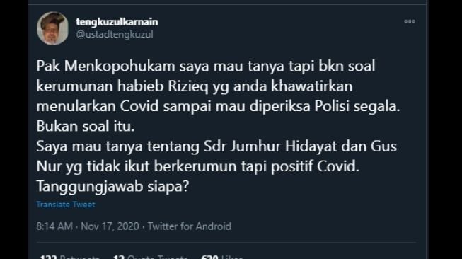 Cuitan Tengku Zul bertanya pada Menkopolhukam soal Jumhur Hudayat dan Gus Nur. (Twitter/@ustadtengkuzul)