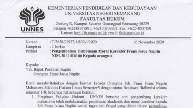 Surat dari Unnes untuk Frans Josua Napitu