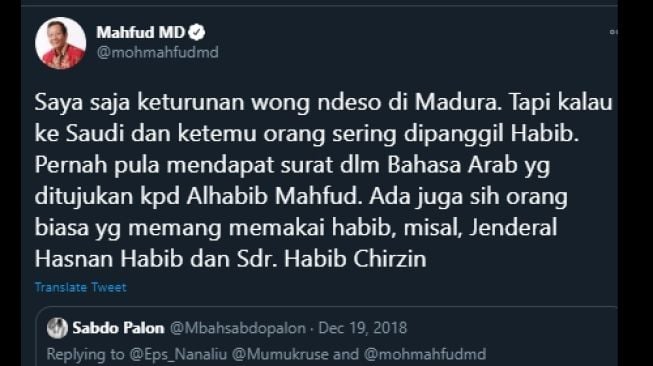 Cuitan Mahfud MD soal sebutan Habib untuknya. (Twitter/@mohmahfudmd)