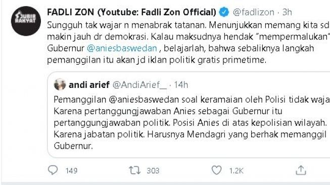 Pendapat Fadli Zon soal pemanggilan Anies Baswedan. (Twitter/@fadlizon)