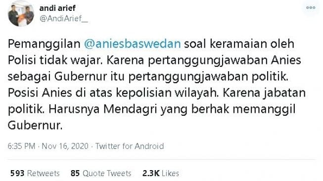 Kicauan Andi Arief setelah Anies bakal dipanggil polisi. (Twitter/@AndiArief_)