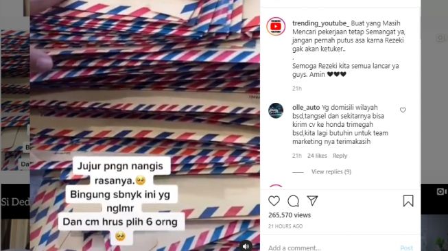 Unggahan HRD soal lamaran kerja menumpuk. (Instagram/@trending_youtube_)