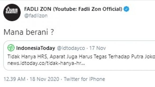 Fadli Zon pertanyakan keberanian polisi tindak Gibran yang langgar prokes (Twitter/fadlizon)