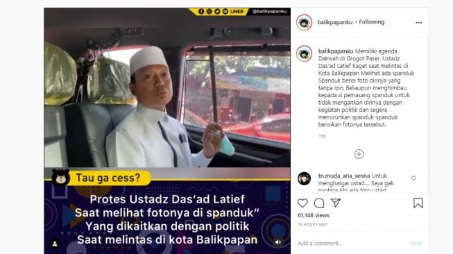 Ustaz Das'ad keberatan fotonya dipakai untuk kampanye Pilkada Balikpapan. (Instagram/@Balikpapanku)