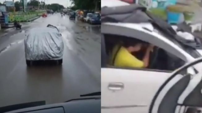 Ogah Kotor Kena Hujan, Aksi Pemobil Ini Bikin Heran Nggak Ketulungan