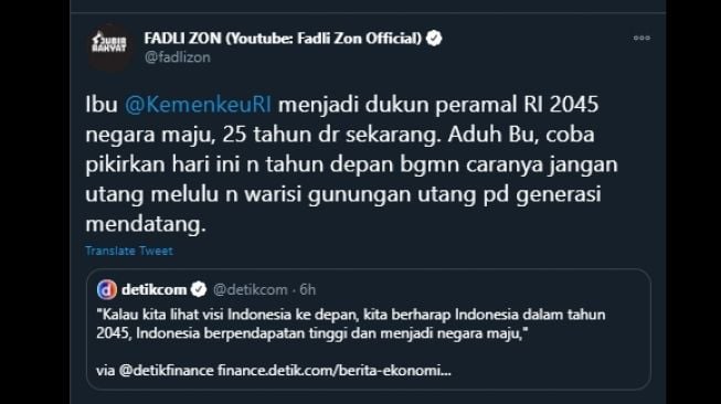 Cuitan Fadli Zon menyebut Menkeu Sri Mulyani dukun peramal. (Twitter/@fadlizon)