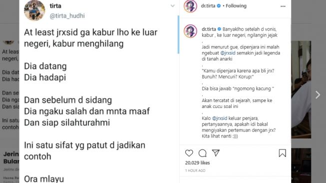 Unggahan dokter Tirta soal Jerinx divonis 1 tahun 2 bulan. (Instagram/@dr.tirta)