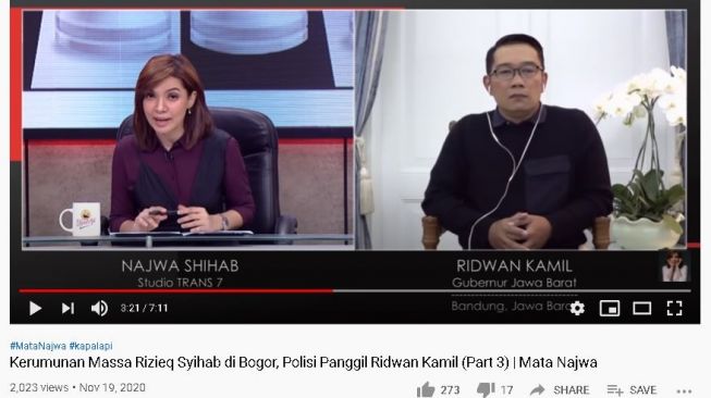 Ridwan Kamil di acara Mata Najwa soal Habib Rizieq. (YouTube/Najwa Shihab)