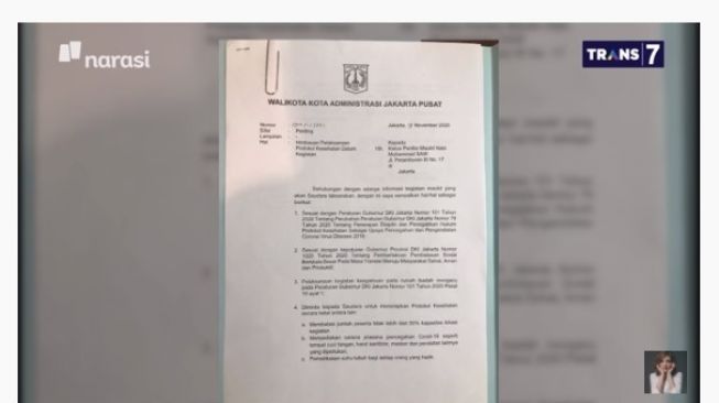 Surat imbauan dari Wali Kota Jakpus untuk acara Petamburan (youTube/matanajwa)