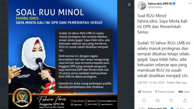 Fahira Idris Minta Pemerintah Serius Bahas RUU Larangan Minuman Beralkohol