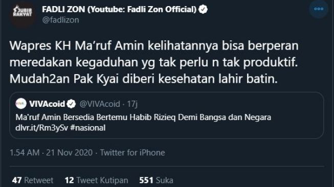 Kicauan Fadli Zon tentang wapres. (Twitter/@fadlizon)