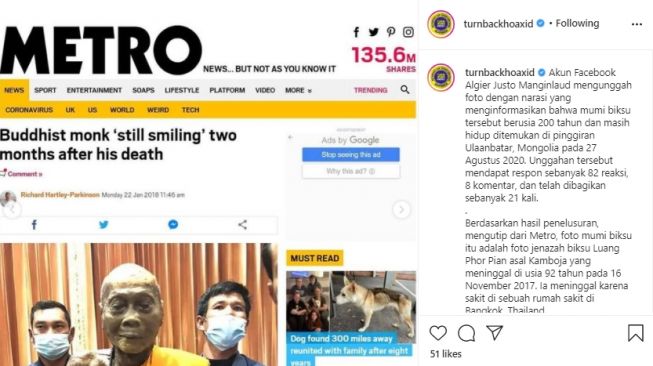 Cek Fakta Mumi Biksu Berusia 200 Tahun. (Instagram/turnbackhoaxid)