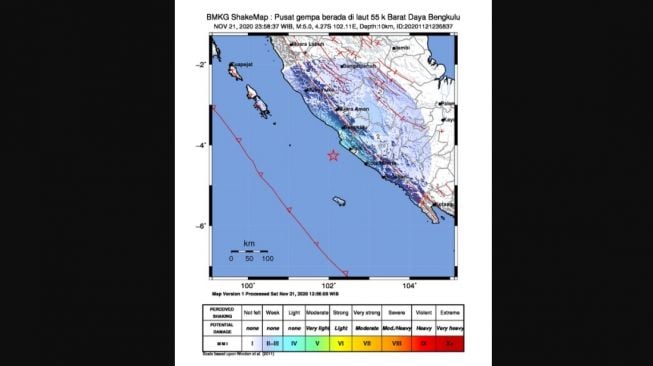 Gemba magnitudo 5 di Bengkulu, Sabtu tengah malam (21/11/2020). [BMKG]