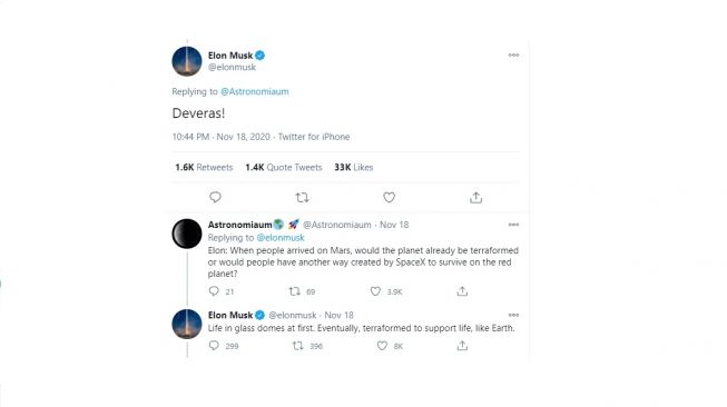 Cuitan Elon Musk soal rencananya membangun kota di Mars. [Twitter]