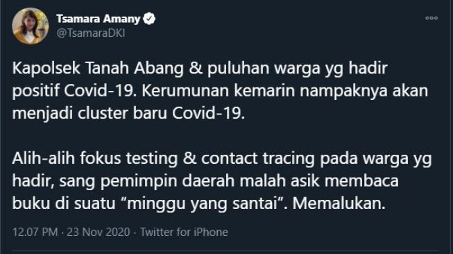 Kicauan Tsamara PSI soal pemimpin daerah baca buku. (Twitter/@TsamaraDKI)