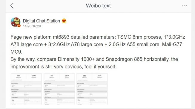 Bocoran kinerja MediaTek MT6893. [Weibo]