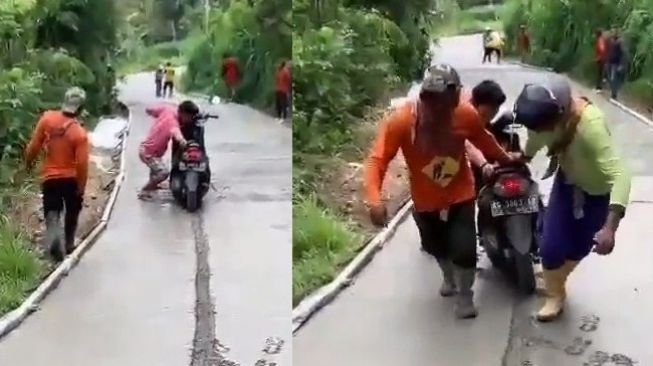 Viral Pemotor Terobos Jalan Cor Masih Basah, Warga: Bisa Baca Rambu Gak!