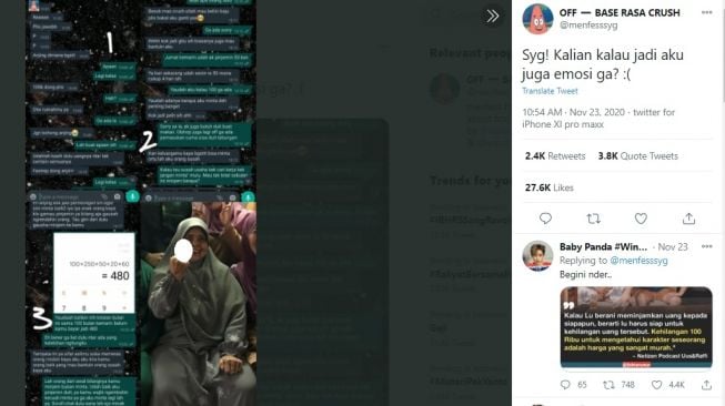 Tangkapan layar chat pinjam uang buat kado. [Twitter]