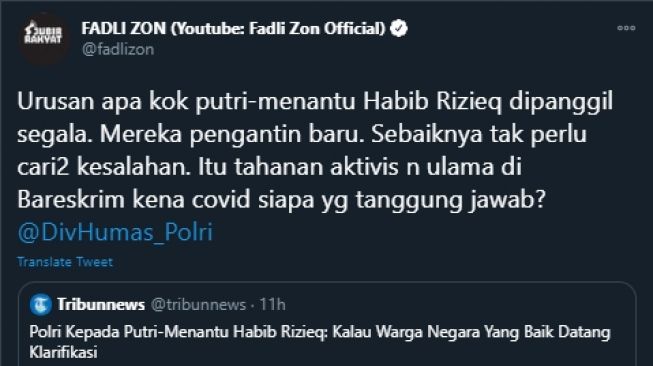 Cuitan Fadli Zon Tak Terima Anak dan Mantu HRS Dipanggil Polri (Twitter/FadliZon).