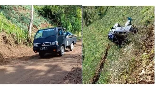 Viral Mobil Pikap Terguling di Areal Jurang, Penumpang Selamat dari Maut