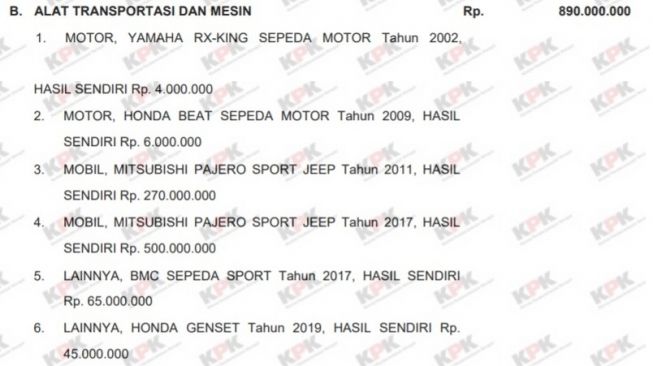 Total harta kekayaan di sektor alat tranpostasi dan Mesin Ehy Prabowo (E-LHKPN)