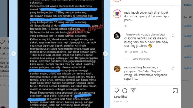 Curhatan tamu hotel tak terima dipanggil 'Bu'. (Instagram/@mak_inpoh)