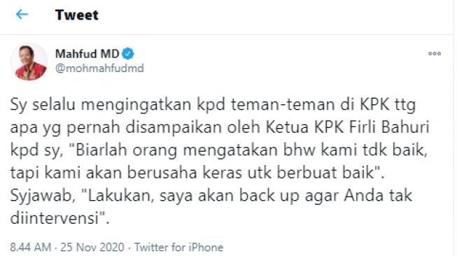 Cuitan Mahfud MD mengaku ingat ucapan Ketua KPK Firli Bahuri. (Twitter)