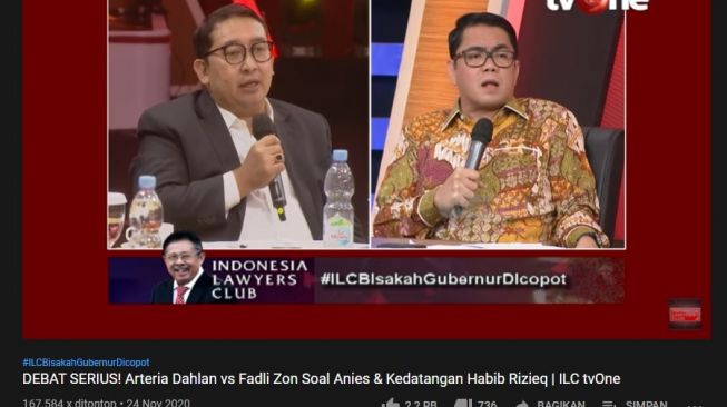 Fadli Zon debat dengan Arteria Dahlan. (YouTube/Indonesia Lawyers Club)