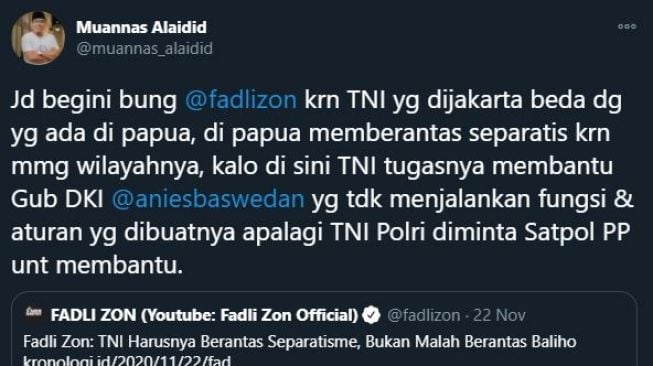 Muannas Alaidid soal pendapat Fadli Zon tentang pencopotan baliho. (Twitter/@muannas_alaidid)