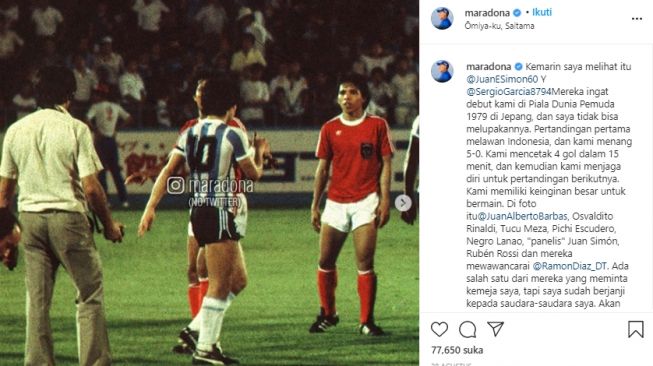 Diego Maradona membagikan momen saat bertanding melawan Timnas Indonesia.