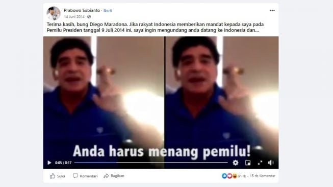 Pesan Maradona ke Prabowo Subianto (Facebook)