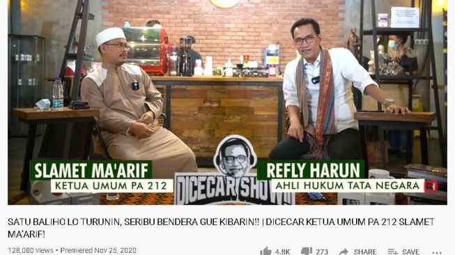 Refly Harun bersama Slamet Maarif. (YouTube/Refly Harun)