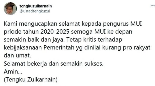 Cuitan mantan Wasekjen MUI Tengku Zulkarnain terkait kepungurusan baru MUI di bawah pimpinan KH. Miftachul Akhyar. [Twitter@ustadtengkuzul]