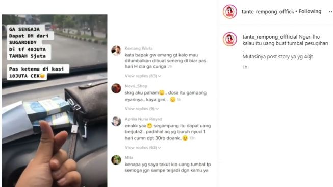 Viral Curhat Perempuan Dapat Uang Bertubi-tubi dari Sugar Daddy. (Instagram/tante_rempong_offficial)