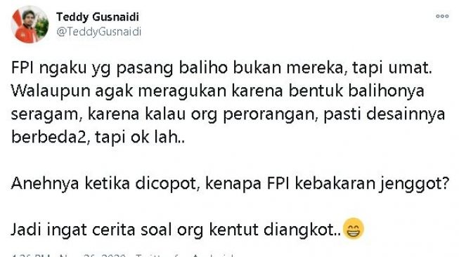 Teddy Gusnaidi tentang FPI. (Twitter/@TeddyGusnaidi)