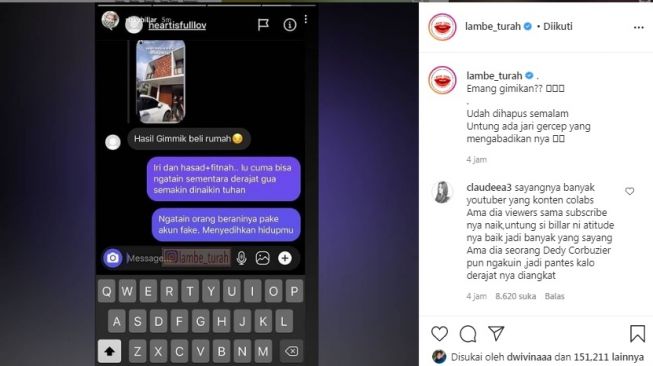 Unggahan soal Rizky Billar [Instagram/@lambe_turah]